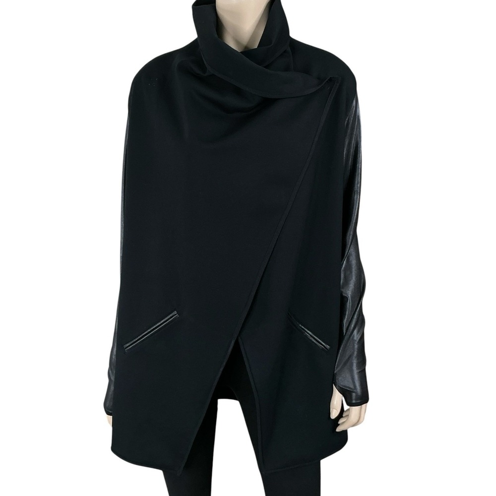 Spanx Jacket Women Medium Black Drape Open Front Vegan Leather Ponte 50176R